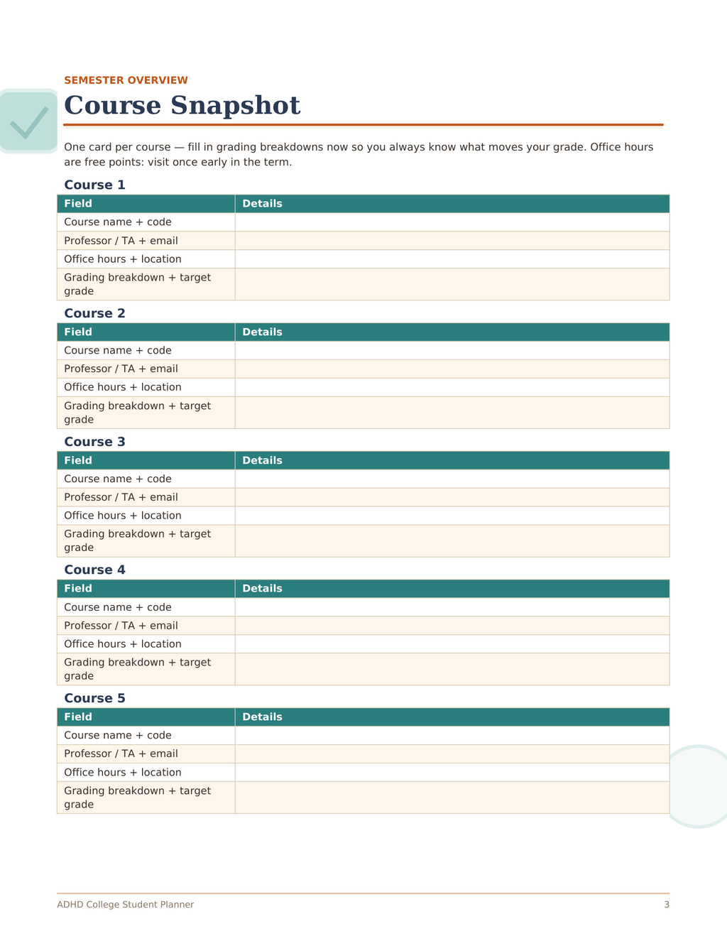 ADHD College Planner, Undated Student Planner for Focus and Deadlines, Assignment Tracker, Weekly Study Planner, Printable PDF