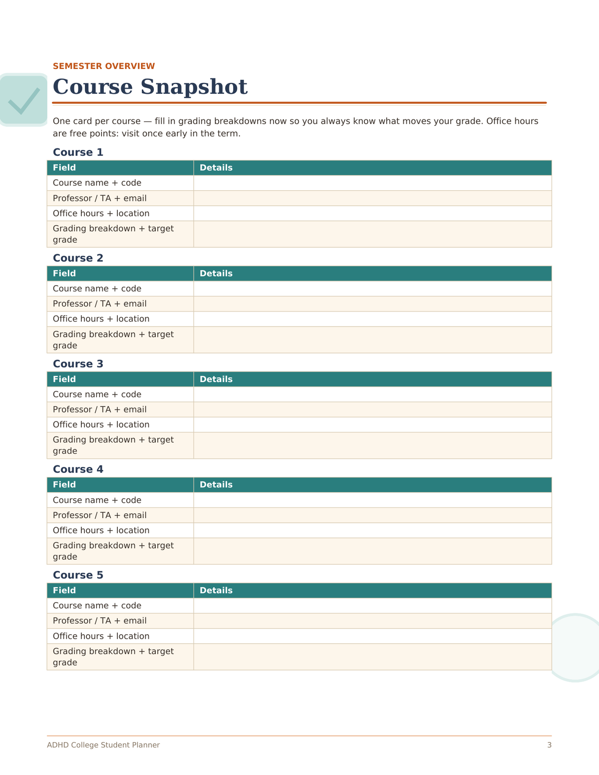 ADHD College Planner, Undated Student Planner for Focus and Deadlines, Assignment Tracker, Weekly Study Planner, Printable PDF
