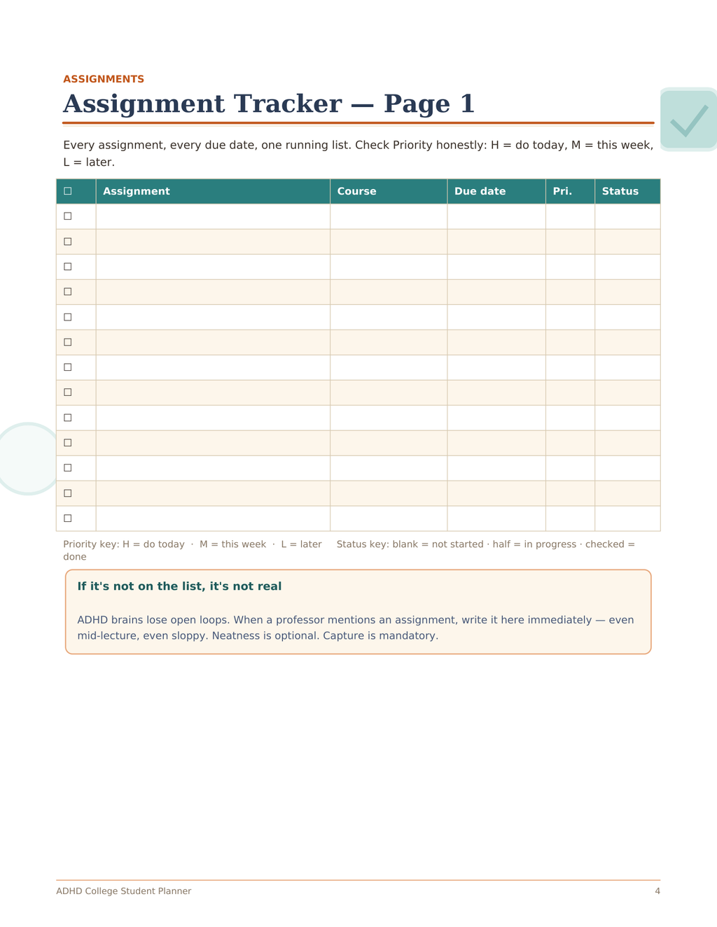 ADHD College Planner, Undated Student Planner for Focus and Deadlines, Assignment Tracker, Weekly Study Planner, Printable PDF