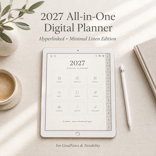 Minimal 2027 digital planner on iPad showing hyperlinked monthly spread