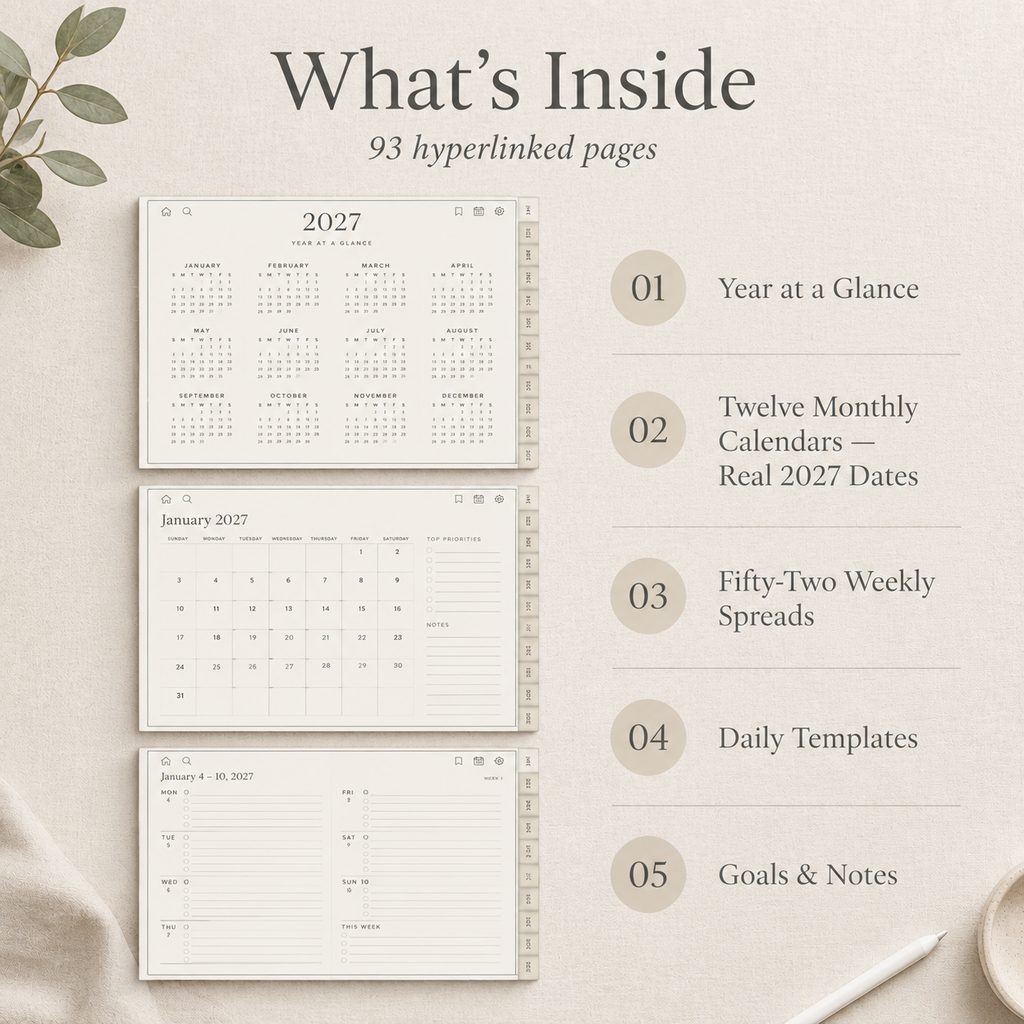 Minimal 2027 digital planner on iPad showing hyperlinked monthly spread
