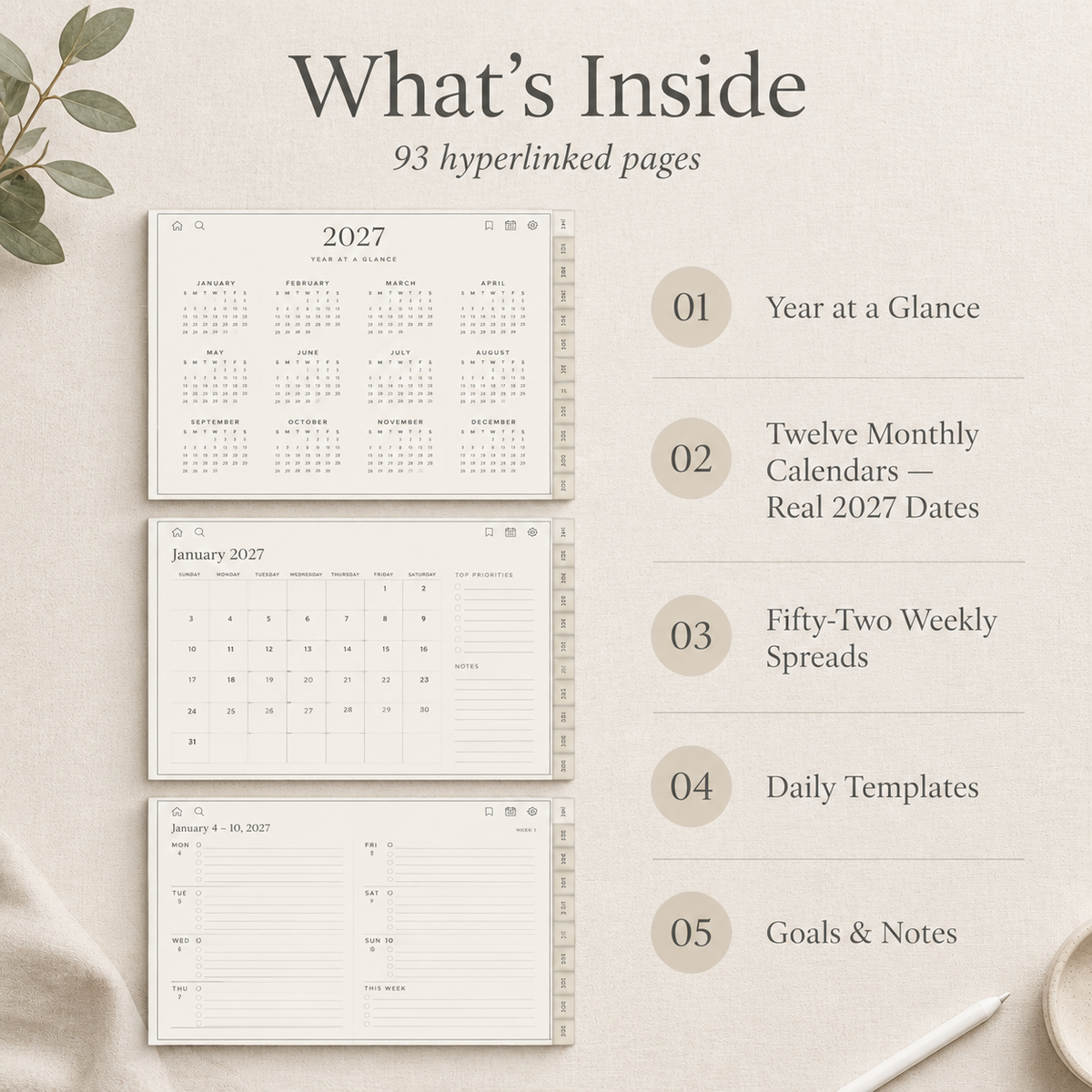 Minimal 2027 digital planner on iPad showing hyperlinked monthly spread
