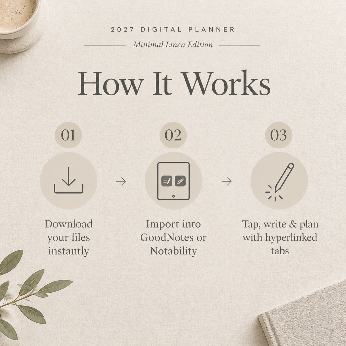Minimal 2027 digital planner on iPad showing hyperlinked monthly spread