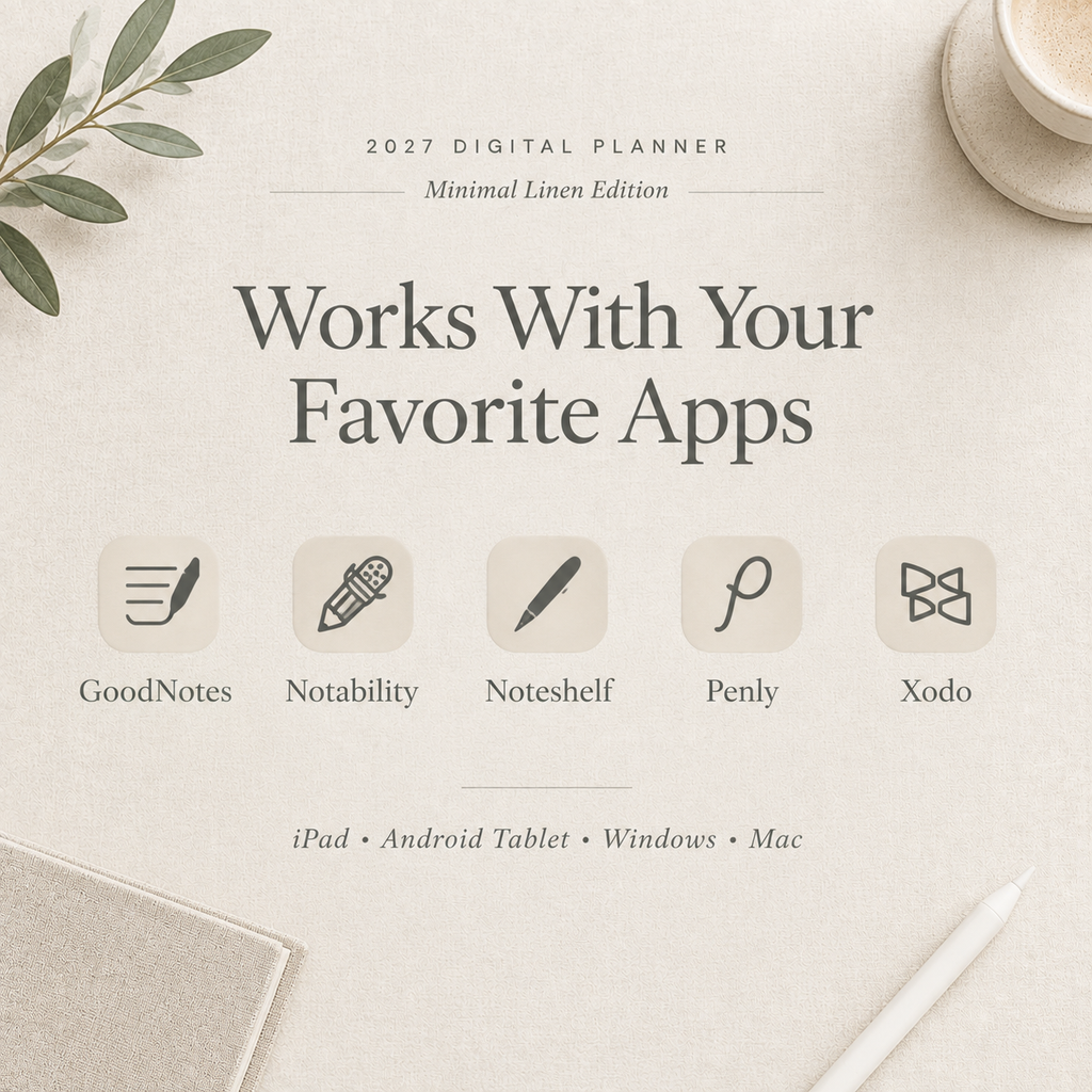 Minimal 2027 digital planner on iPad showing hyperlinked monthly spread