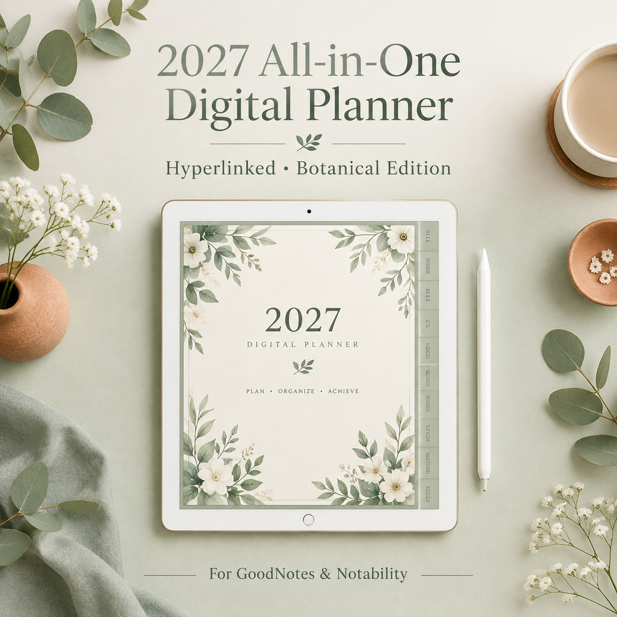 Botanical 2027 digital planner on iPad showing floral monthly page