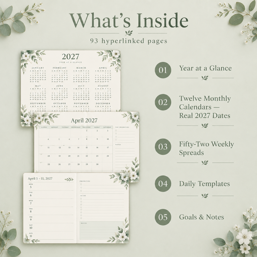 Botanical 2027 digital planner on iPad showing floral monthly page