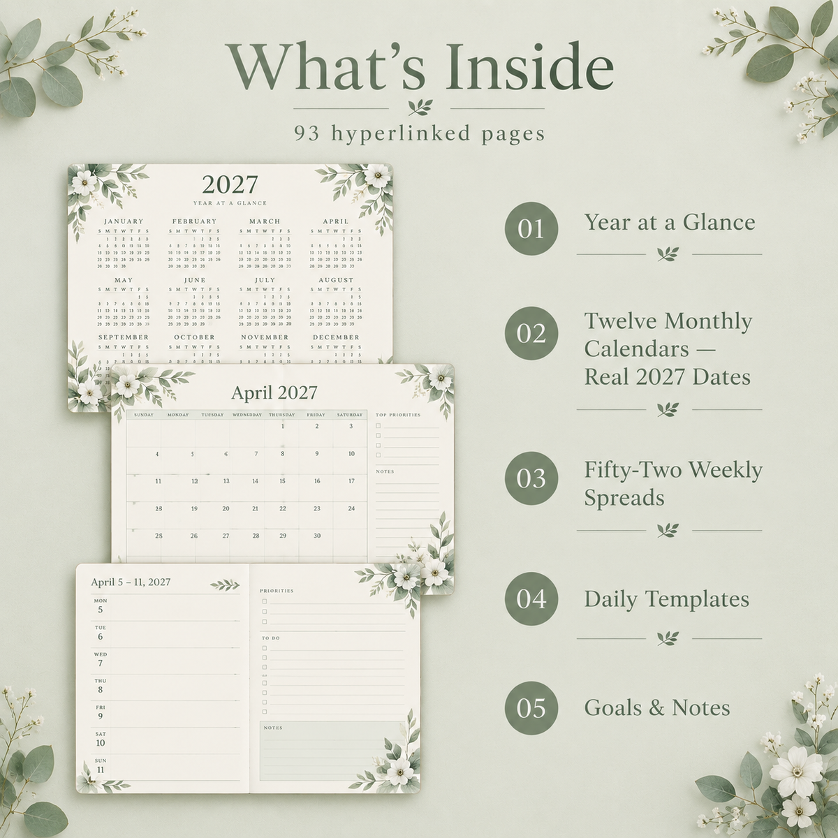 Botanical 2027 digital planner on iPad showing floral monthly page