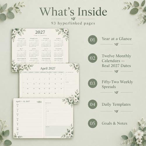 Botanical 2027 digital planner on iPad showing floral monthly page