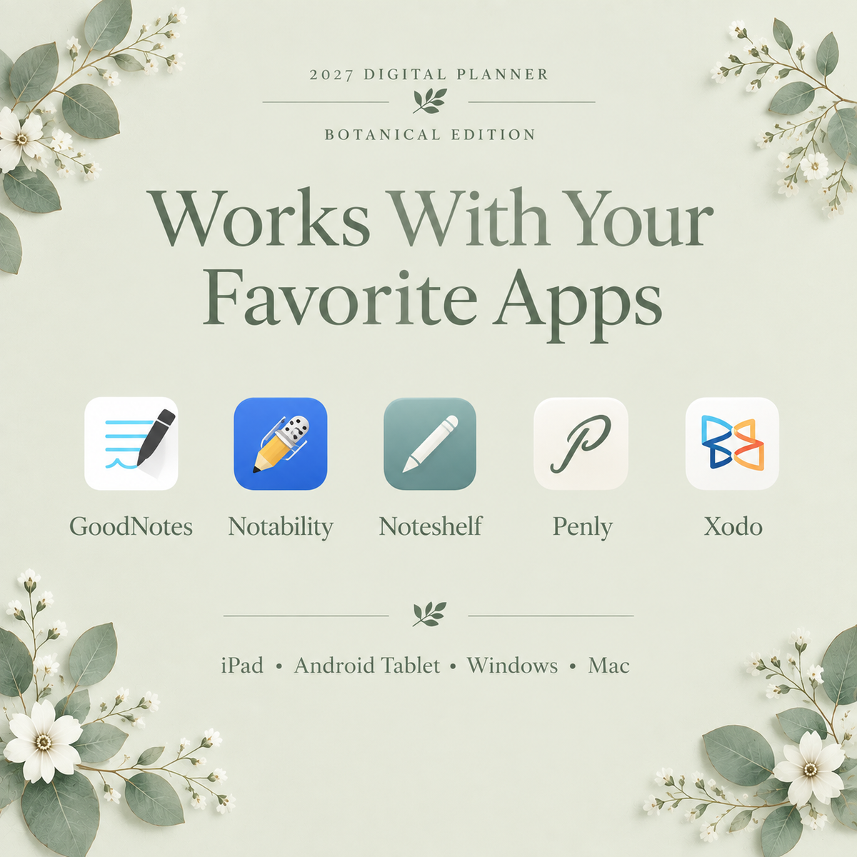 Botanical 2027 digital planner on iPad showing floral monthly page