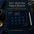 Dark mode 2027 digital planner on iPad showing navy gold monthly page