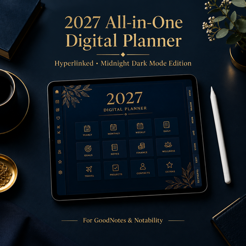 Dark mode 2027 digital planner on iPad showing navy gold monthly page