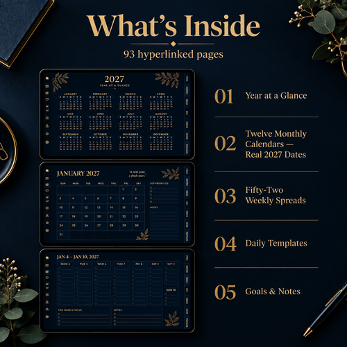 Dark mode 2027 digital planner on iPad showing navy gold monthly page