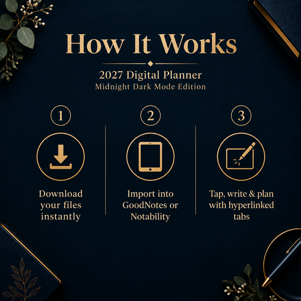 Dark mode 2027 digital planner on iPad showing navy gold monthly page