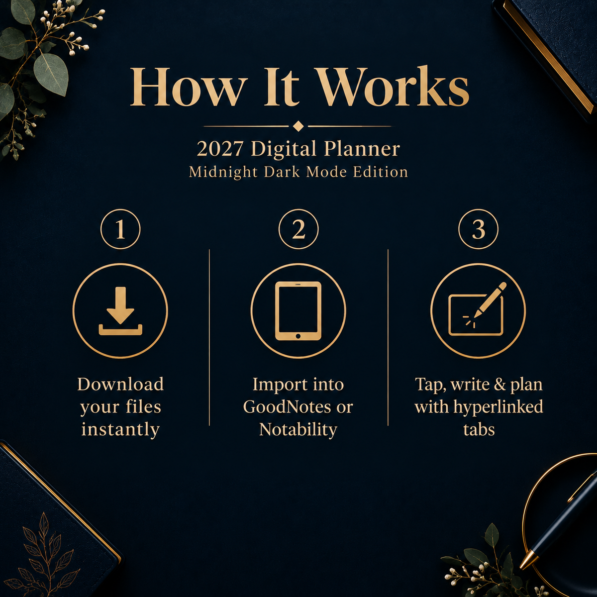 Dark mode 2027 digital planner on iPad showing navy gold monthly page