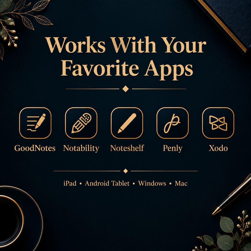 Dark mode 2027 digital planner on iPad showing navy gold monthly page