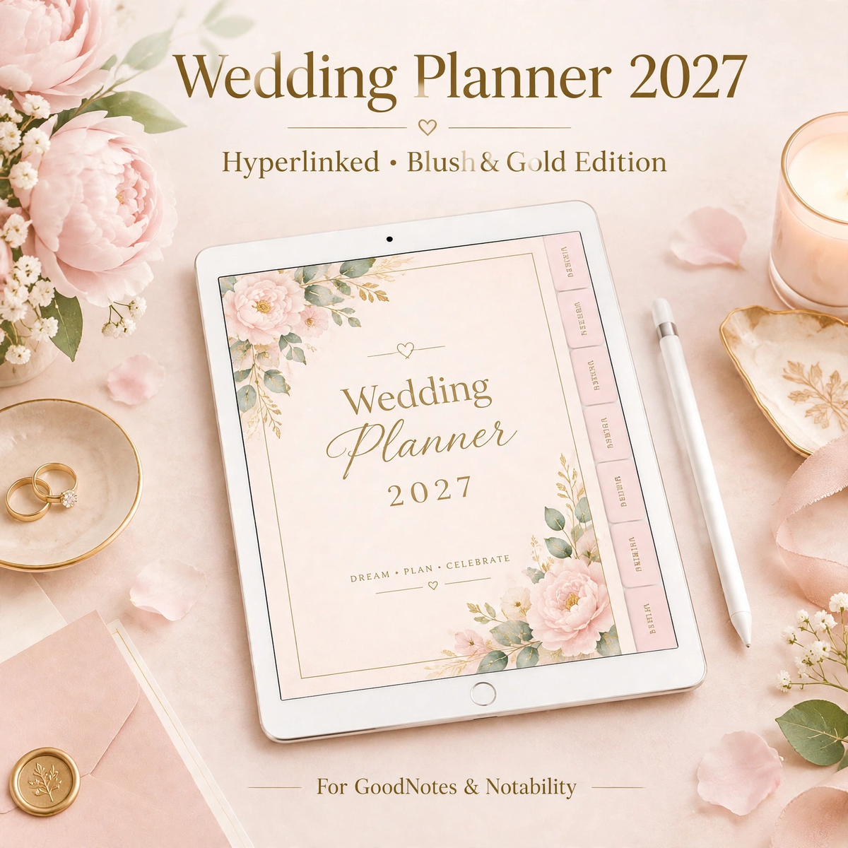 Blush gold digital wedding planner on iPad showing wedding checklist page