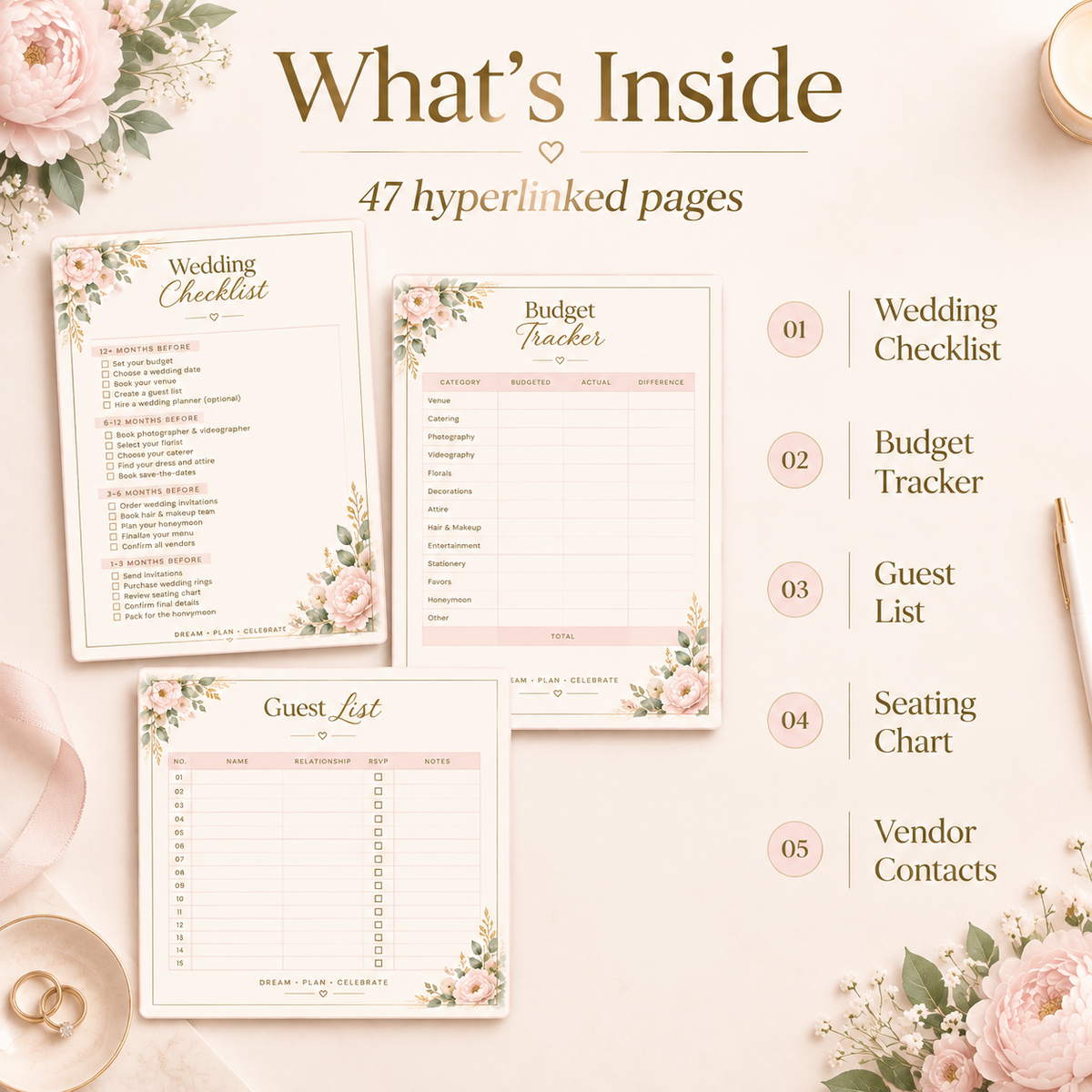 Blush gold digital wedding planner on iPad showing wedding checklist page
