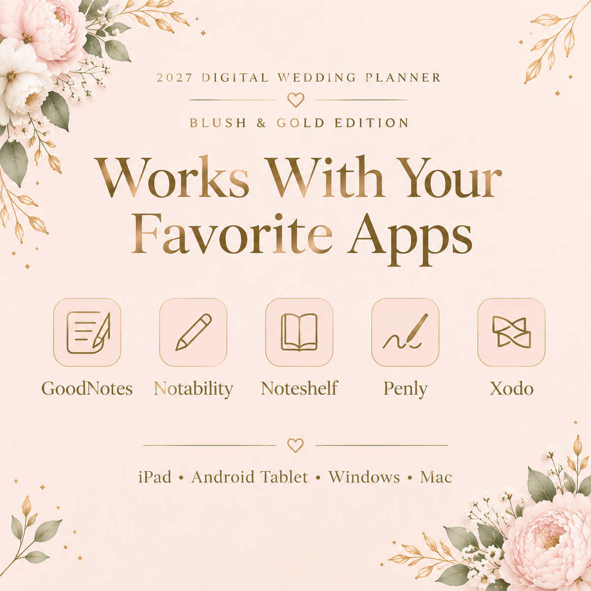 Blush gold digital wedding planner on iPad showing wedding checklist page