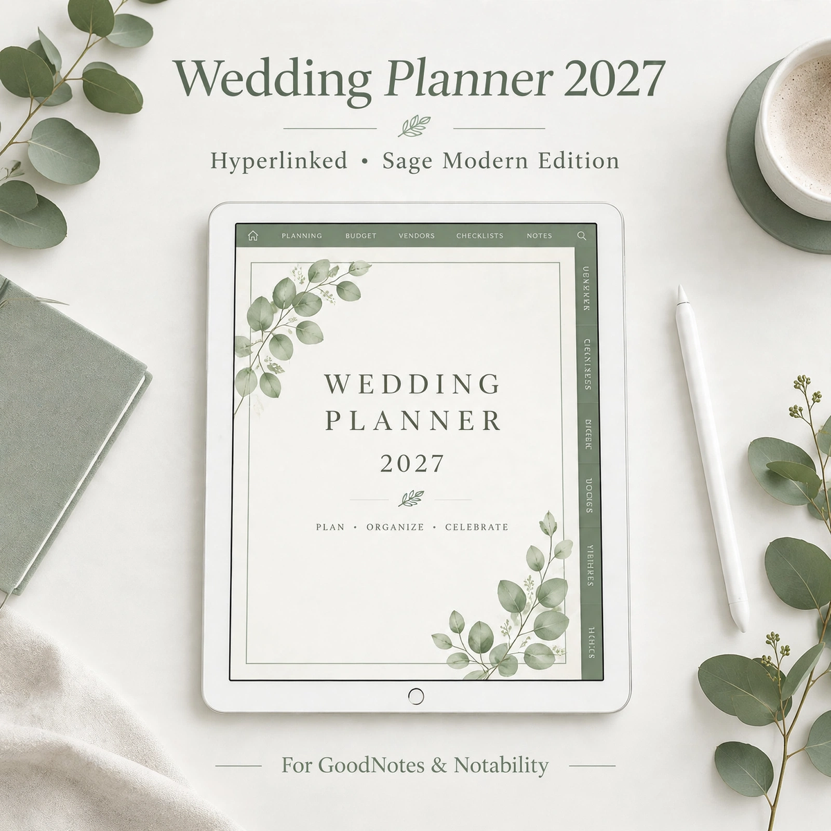 Sage modern digital wedding planner on iPad showing budget tracker page
