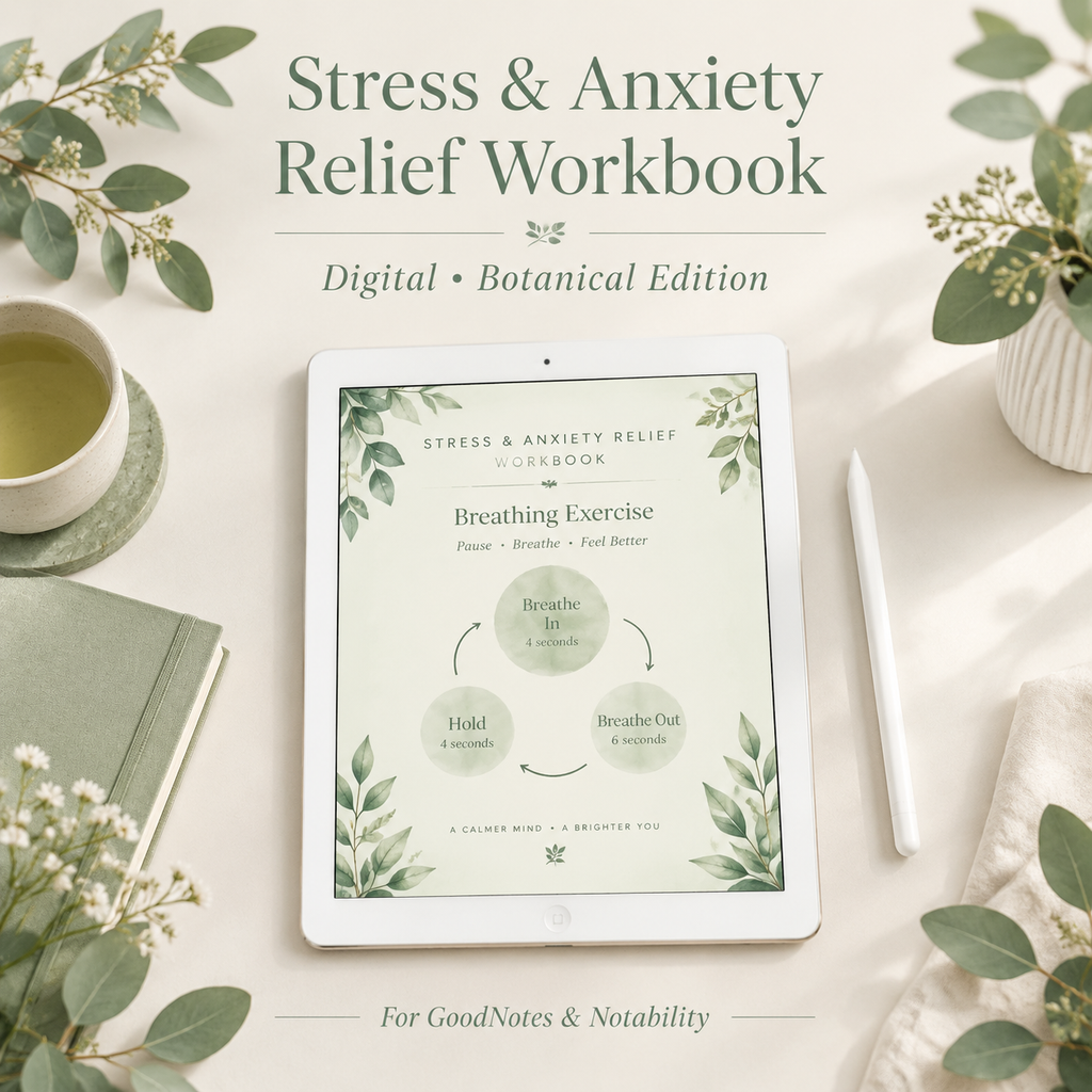 Botanical anxiety workbook on iPad showing CBT thought record page