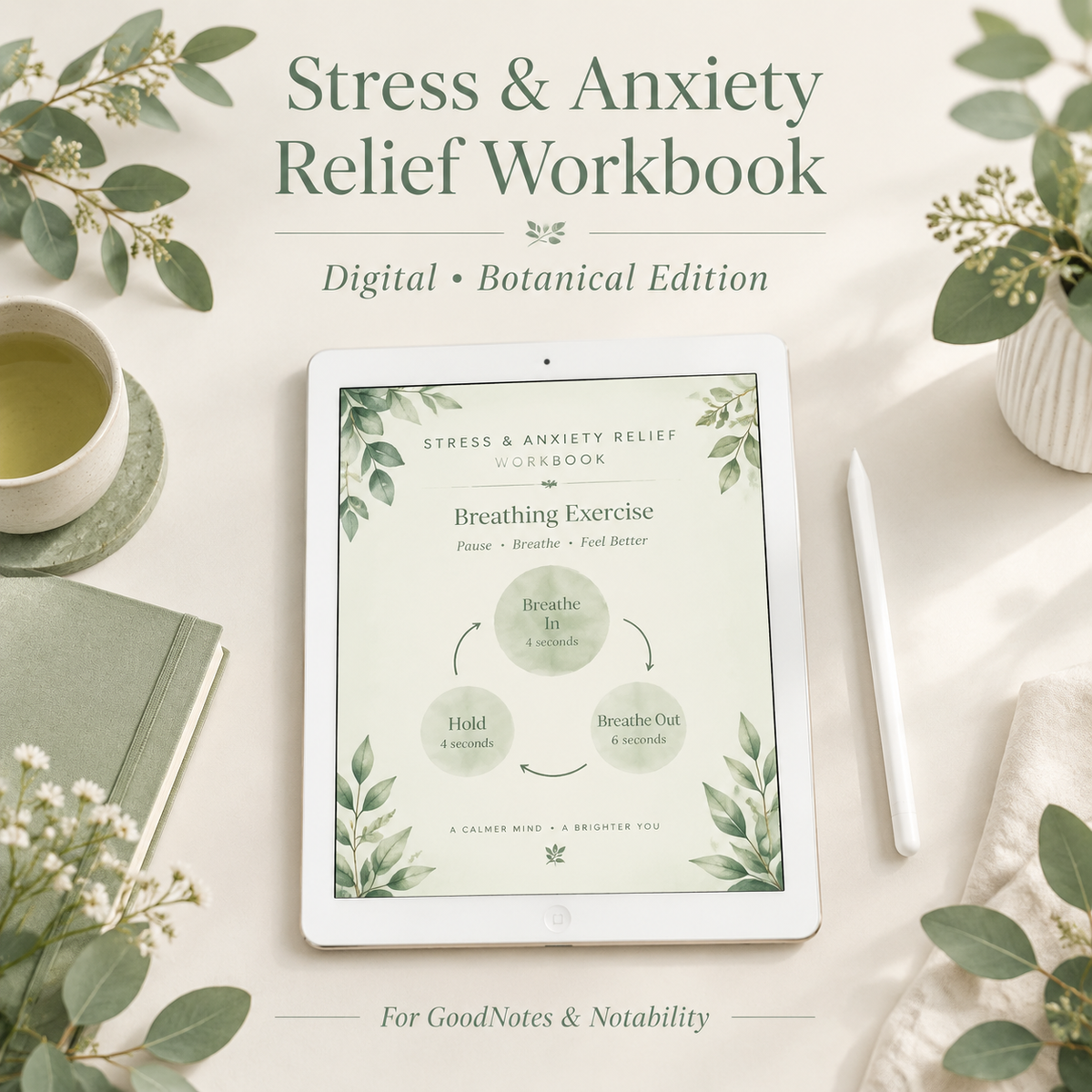 Botanical anxiety workbook on iPad showing CBT thought record page