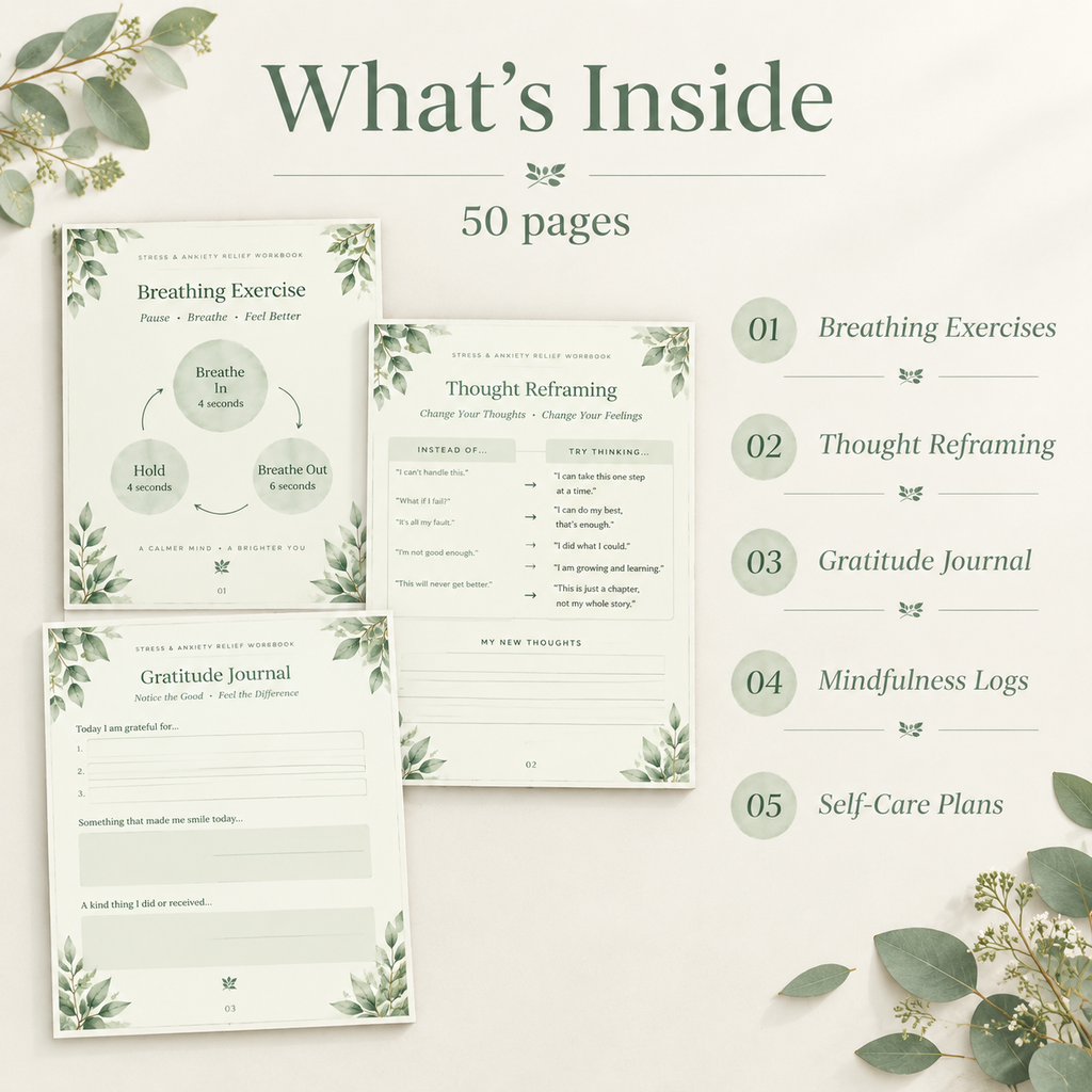 Botanical anxiety workbook on iPad showing CBT thought record page