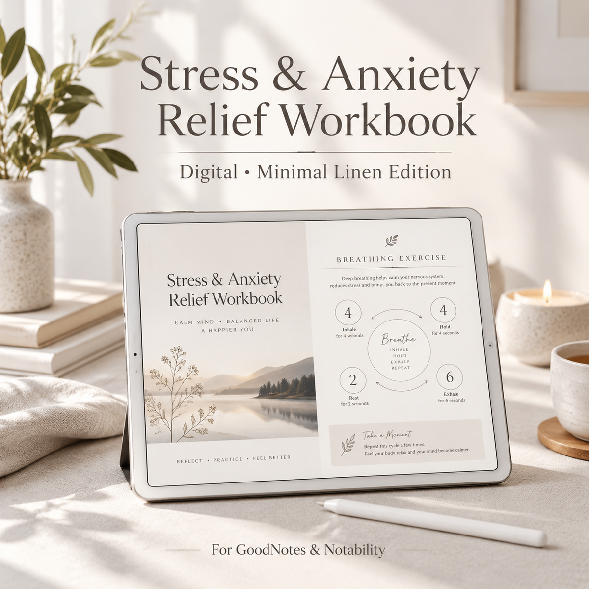 Minimal anxiety workbook on iPad showing mood tracker page