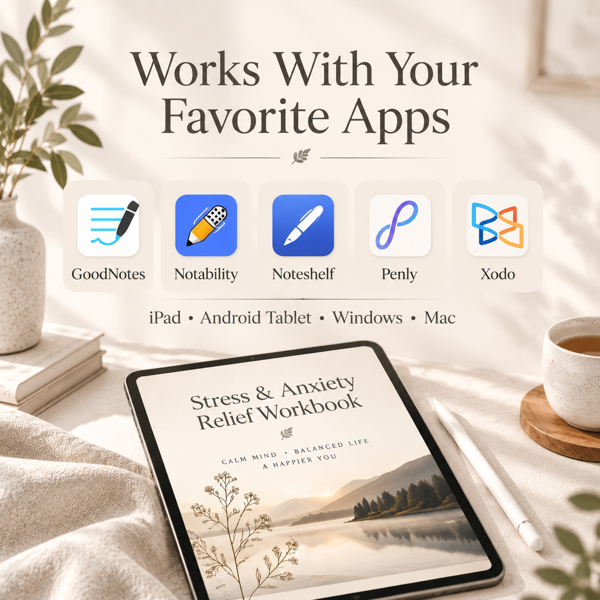 Minimal anxiety workbook on iPad showing mood tracker page