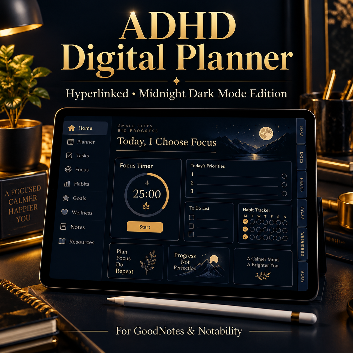Dark mode ADHD digital planner on iPad showing daily focus page