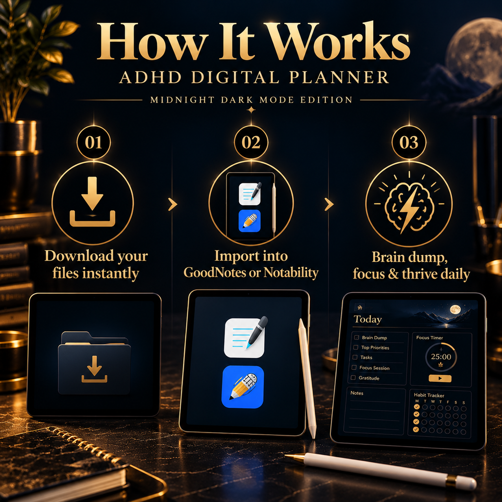 Dark mode ADHD digital planner on iPad showing daily focus page