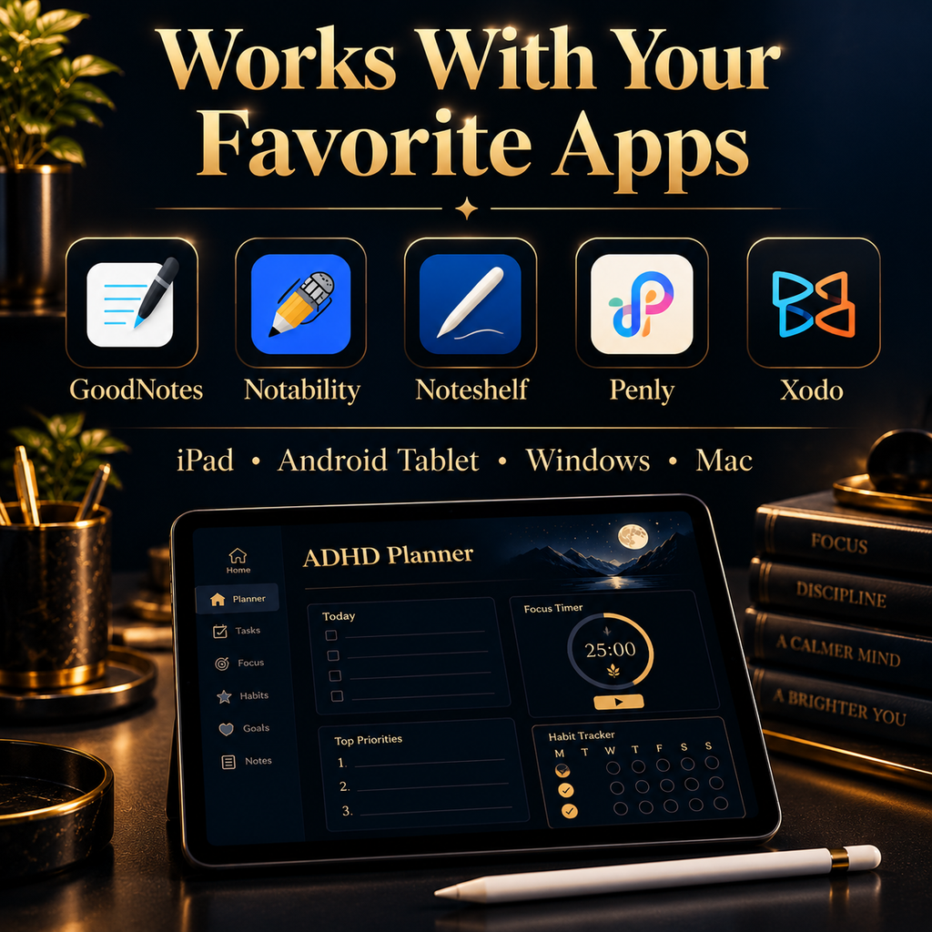 Dark mode ADHD digital planner on iPad showing daily focus page