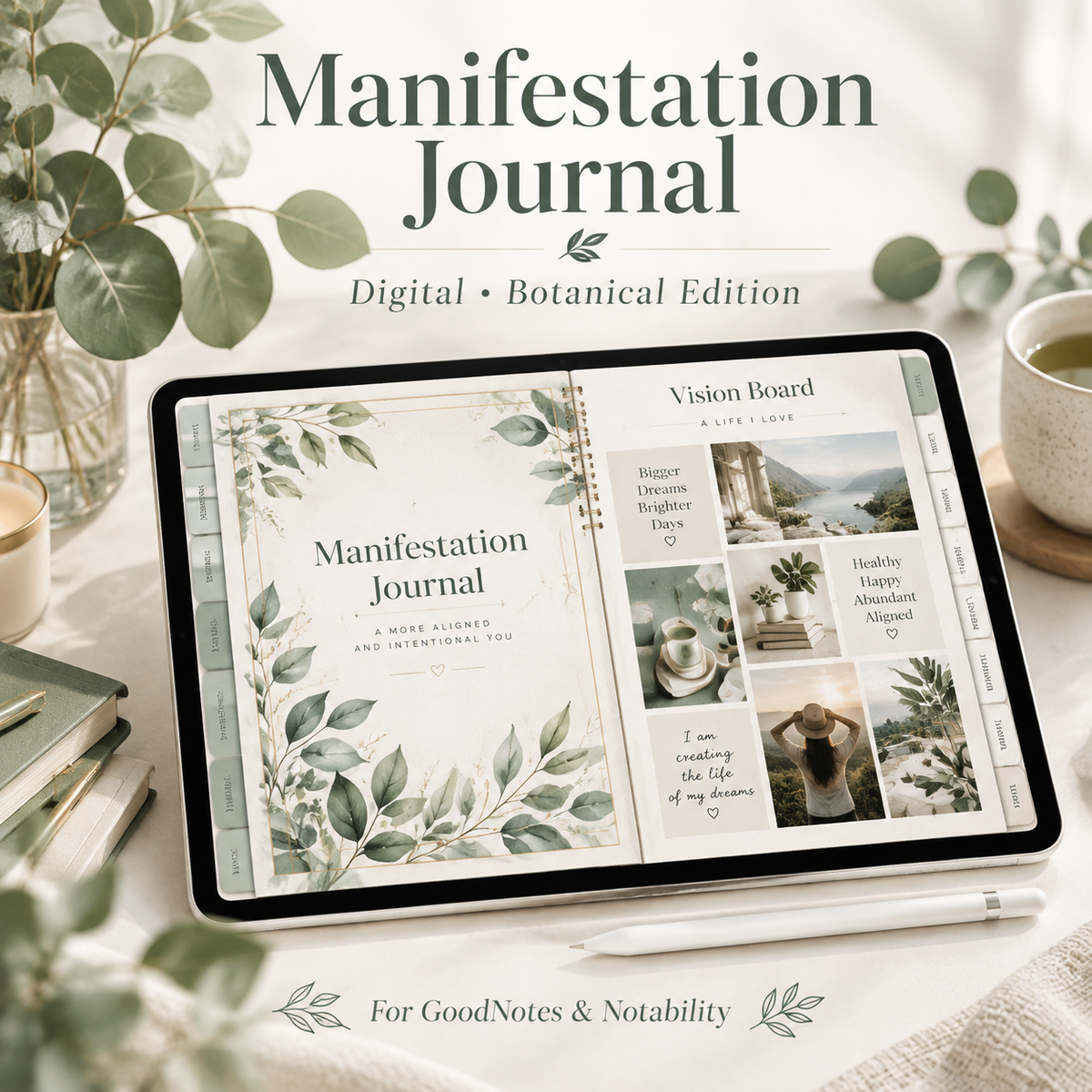 Botanical 369 manifestation journal on iPad showing affirmation page