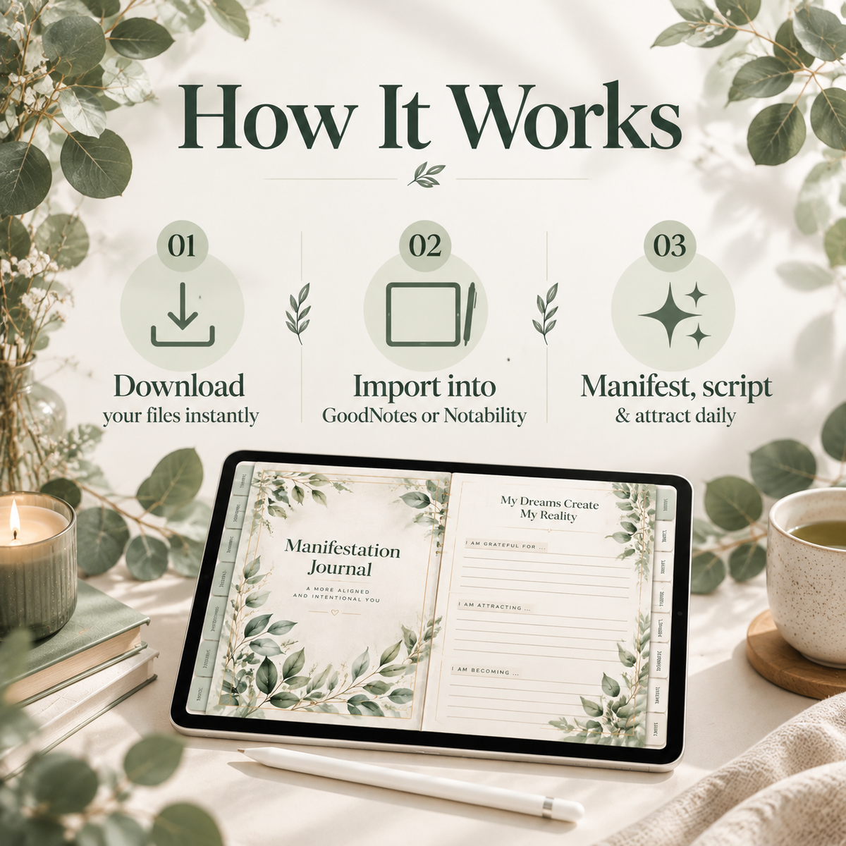 Botanical 369 manifestation journal on iPad showing affirmation page