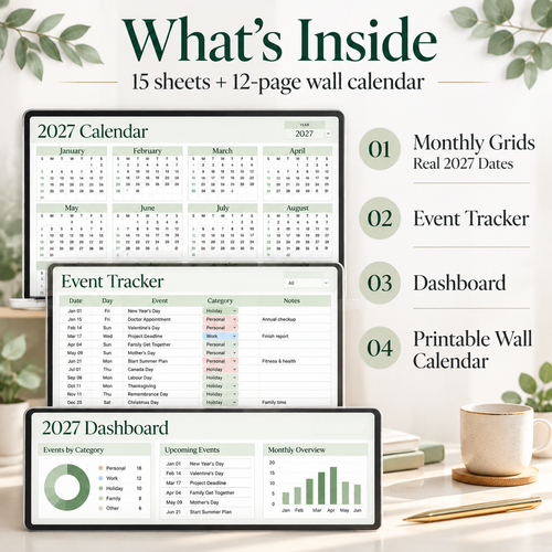 2027 Excel calendar spreadsheet showing January monthly grid