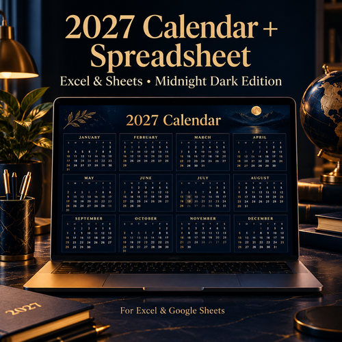 Dark mode 2027 calendar spreadsheet showing monthly grid