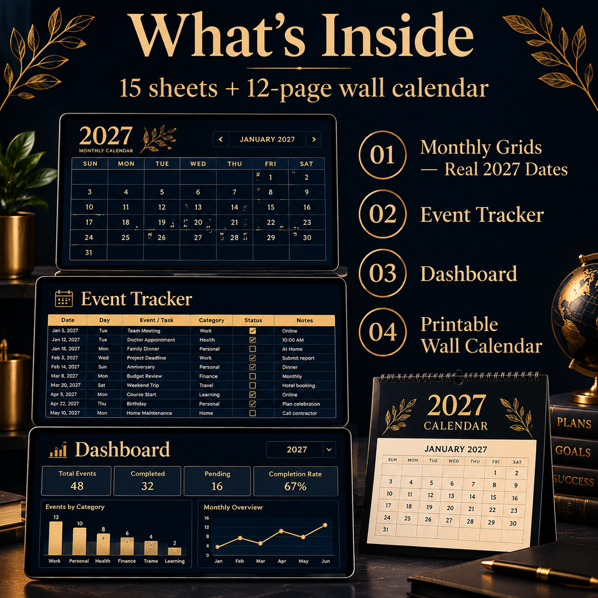 Dark mode 2027 calendar spreadsheet showing monthly grid