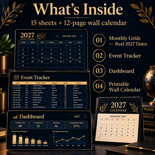Dark mode 2027 calendar spreadsheet showing monthly grid