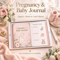 Blush gold pregnancy journal on iPad showing milestone tracker page