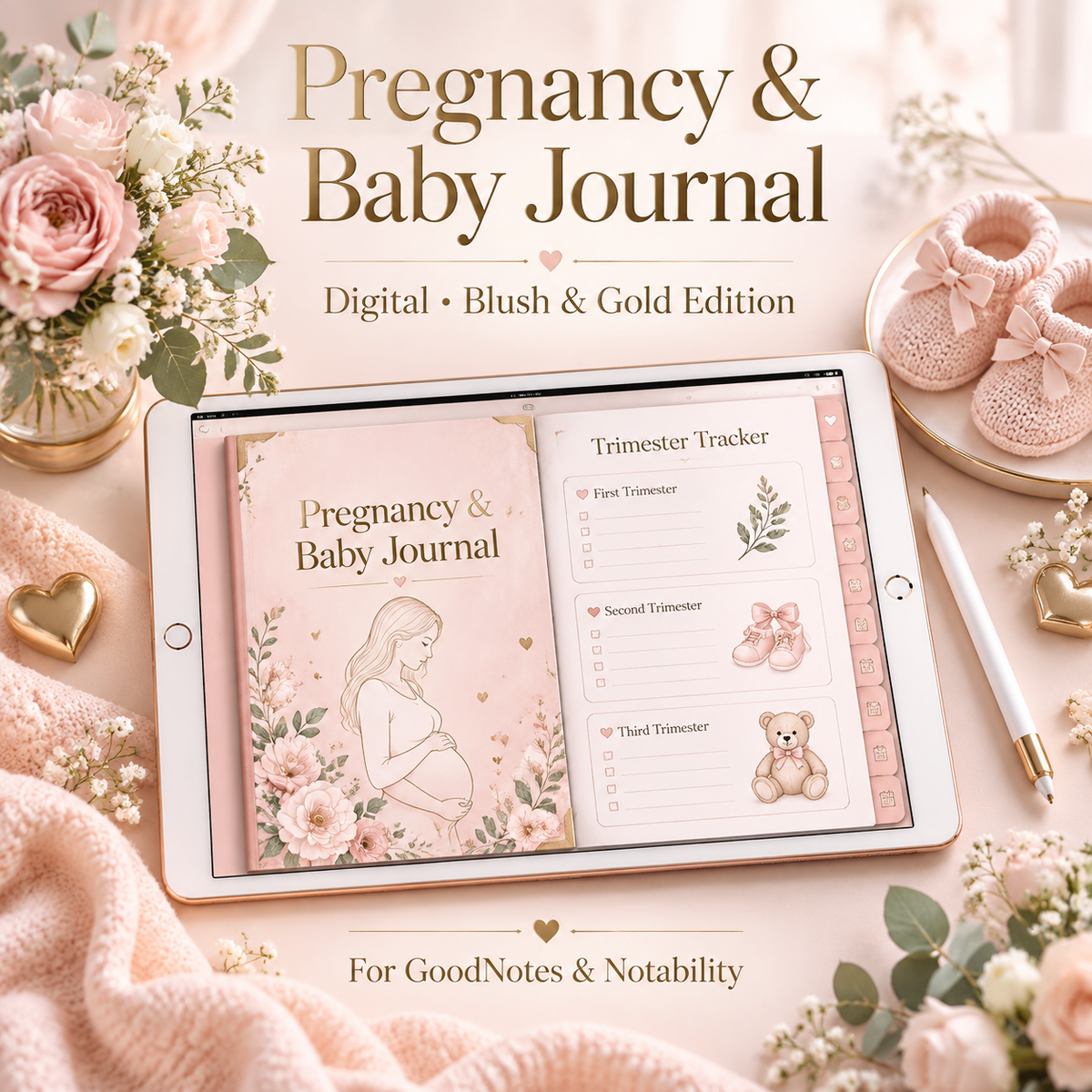 Blush gold pregnancy journal on iPad showing milestone tracker page