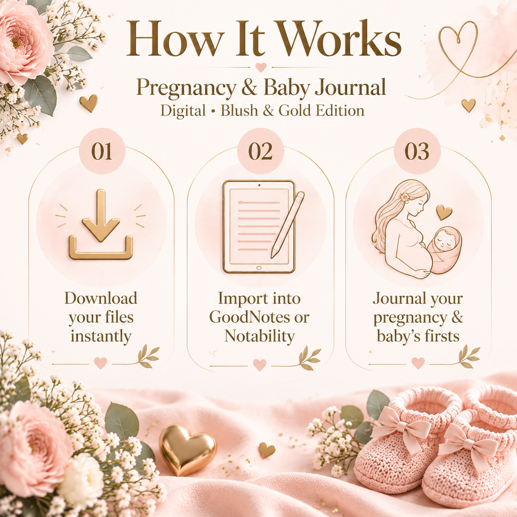 Blush gold pregnancy journal on iPad showing milestone tracker page