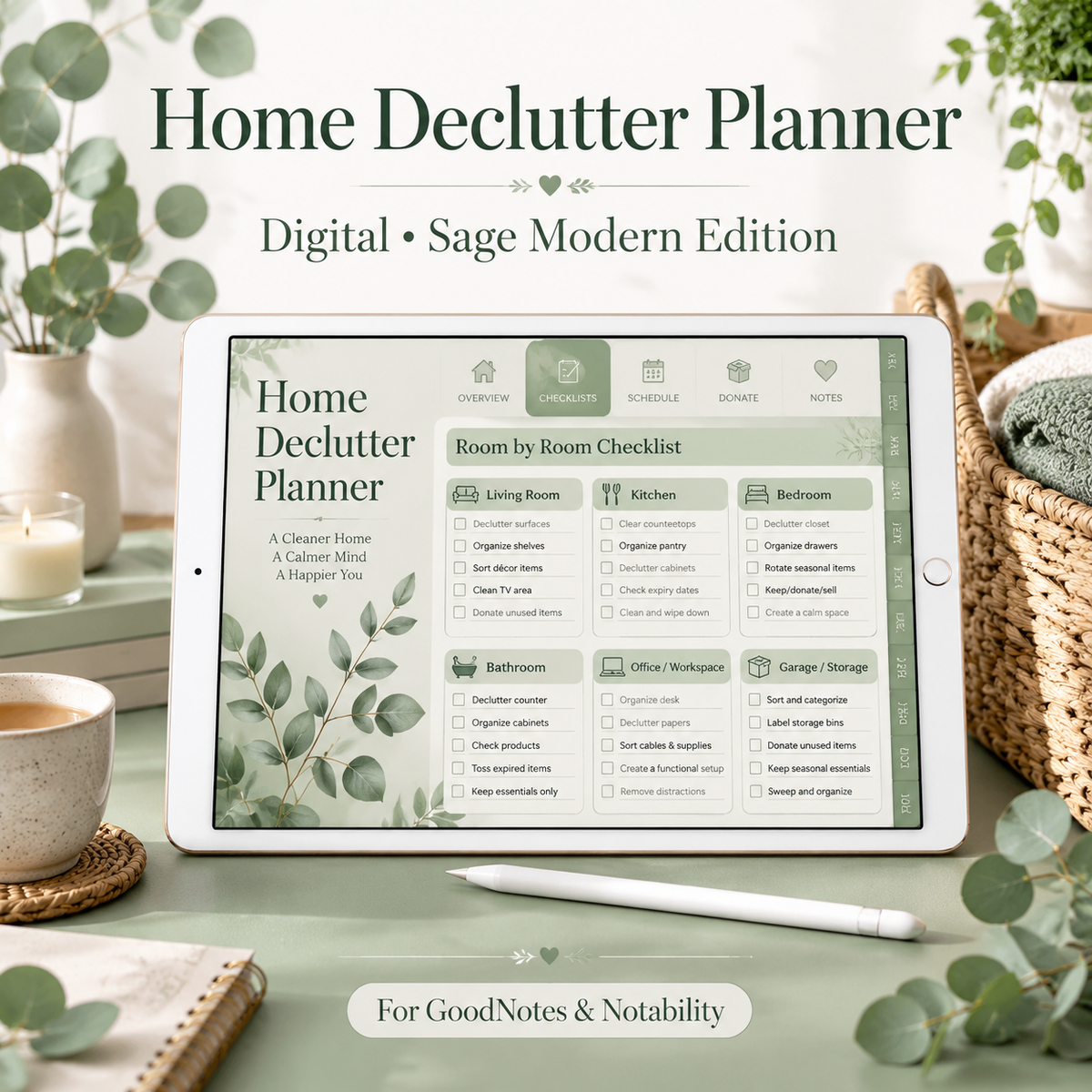 Sage declutter planner on iPad showing 30-day challenge checklist