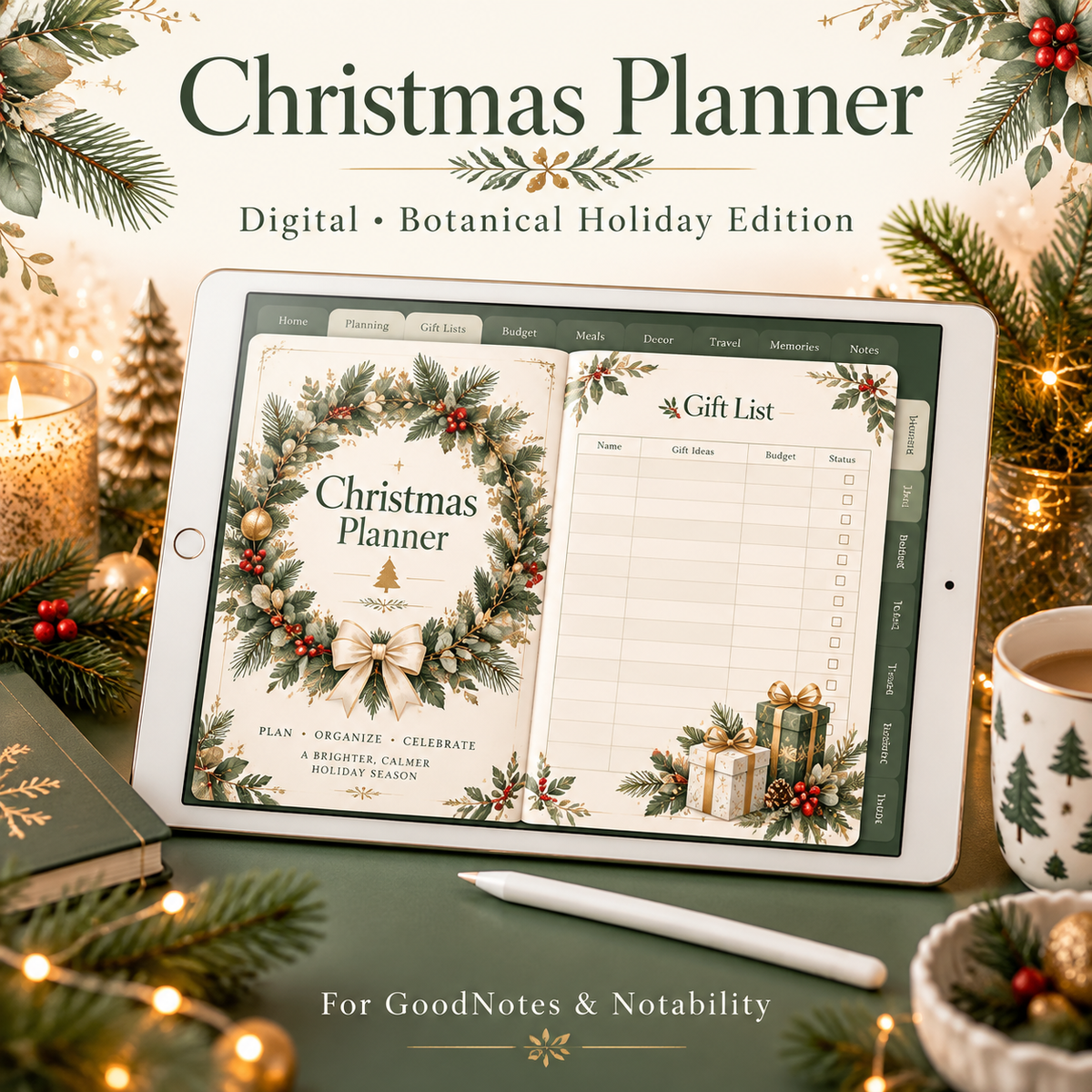 Botanical Christmas planner on iPad showing gift list page