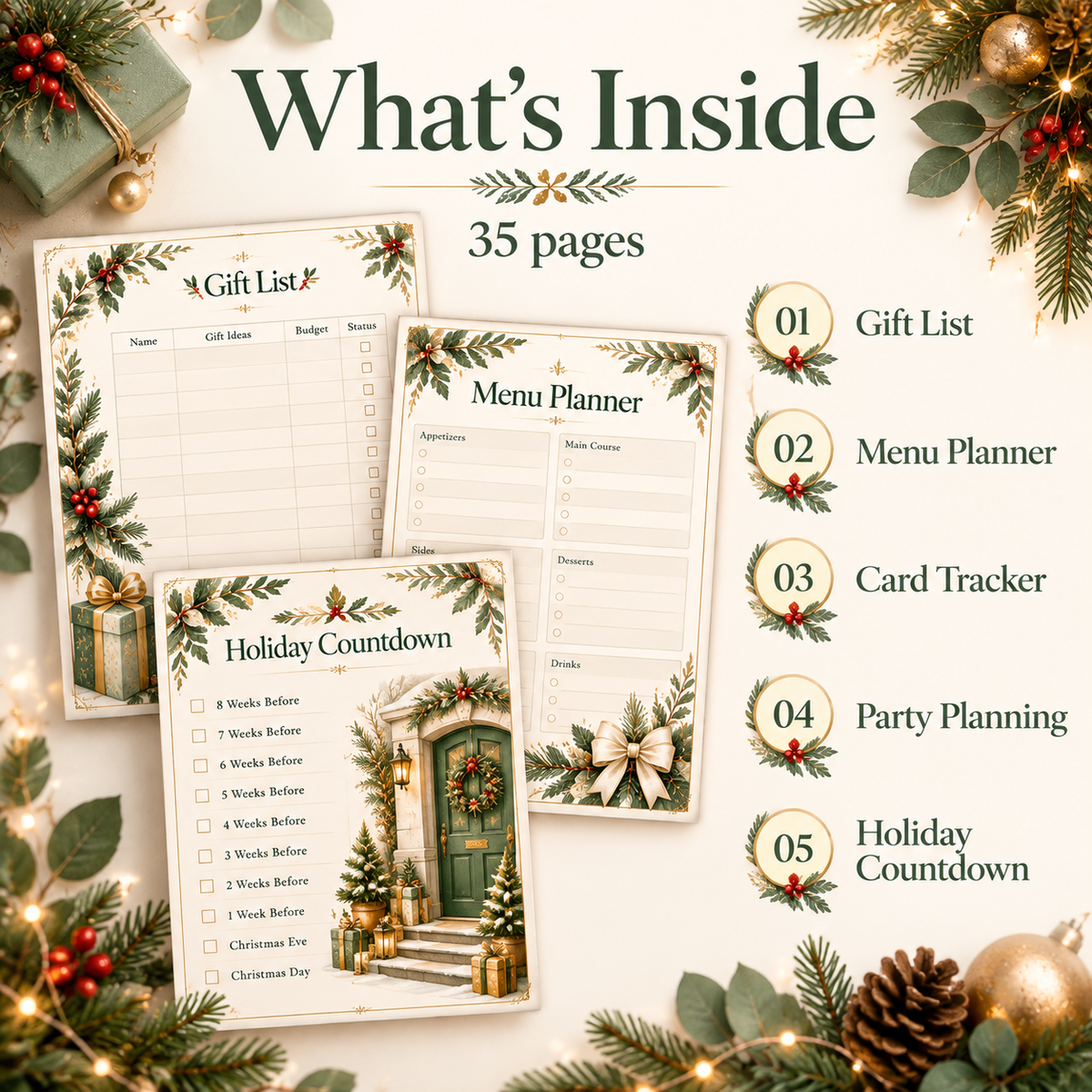 Botanical Christmas planner on iPad showing gift list page