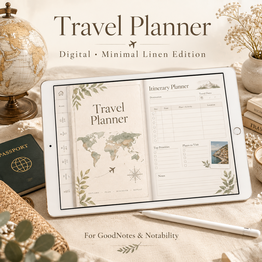 Minimal travel planner on iPad showing itinerary page
