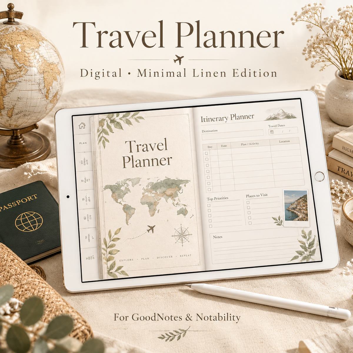 Minimal travel planner on iPad showing itinerary page
