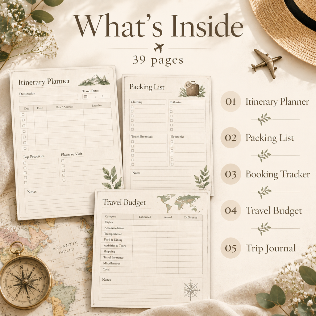 Minimal travel planner on iPad showing itinerary page