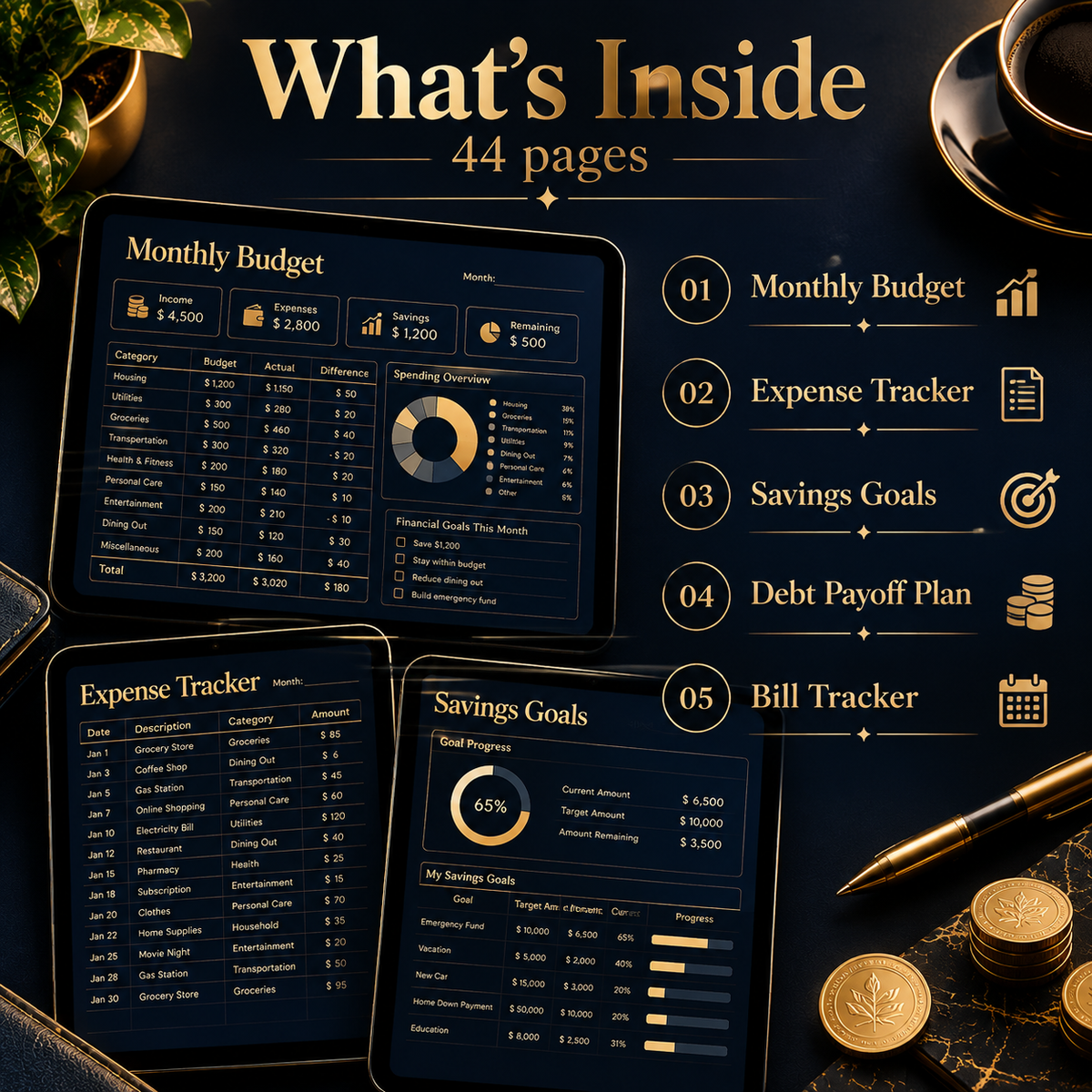 Midnight budget planner on iPad showing monthly expense tracker