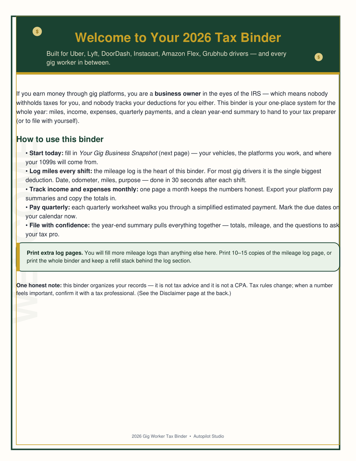 2026 Gig Worker Tax Binder, 1099 Tax Organizer for Uber DoorDash Lyft Drivers, Mileage Log, Expense Tracker, Printable PDF