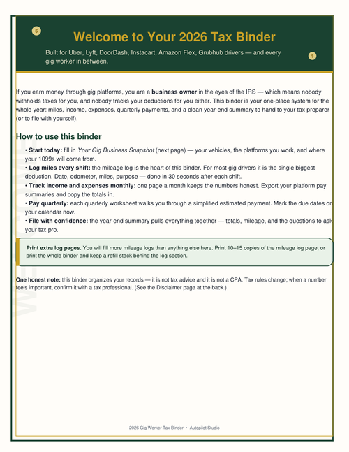 2026 Gig Worker Tax Binder, 1099 Tax Organizer for Uber DoorDash Lyft Drivers, Mileage Log, Expense Tracker, Printable PDF
