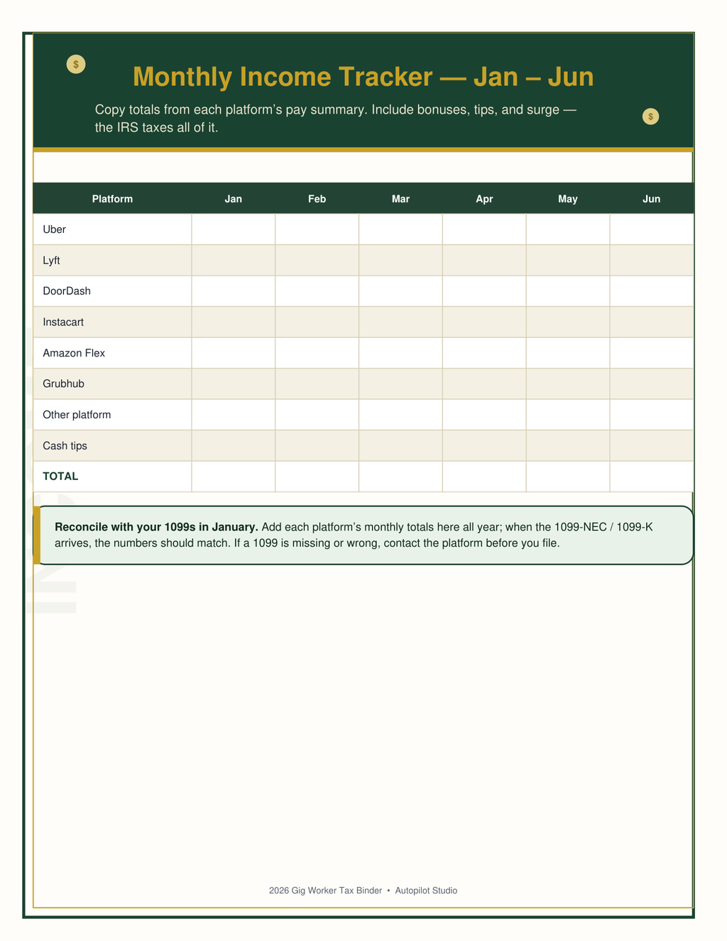 2026 Gig Worker Tax Binder, 1099 Tax Organizer for Uber DoorDash Lyft Drivers, Mileage Log, Expense Tracker, Printable PDF